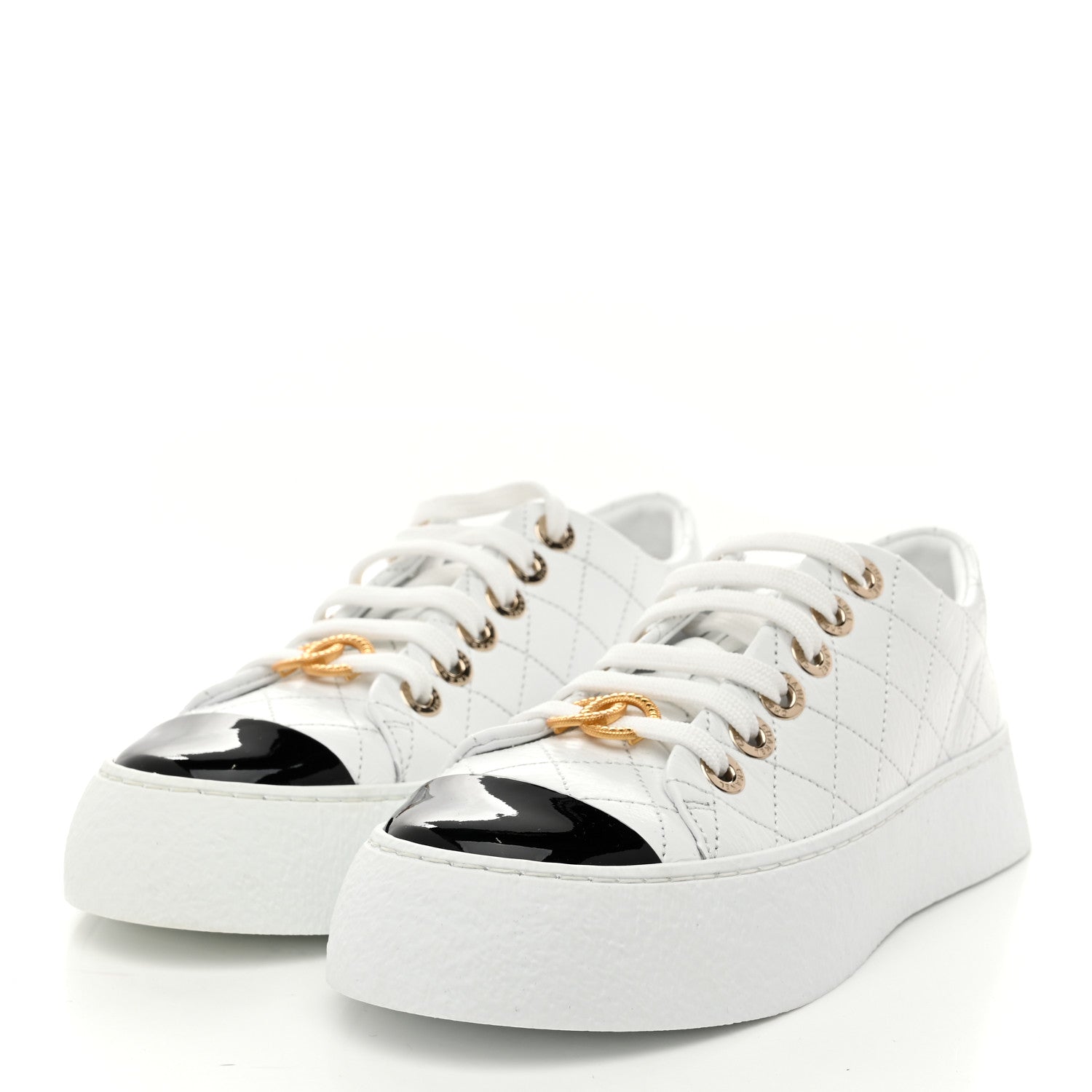 Crumpled Lambskin Patent Cap Toe CC Stitched Sneakers 35.5 White Black