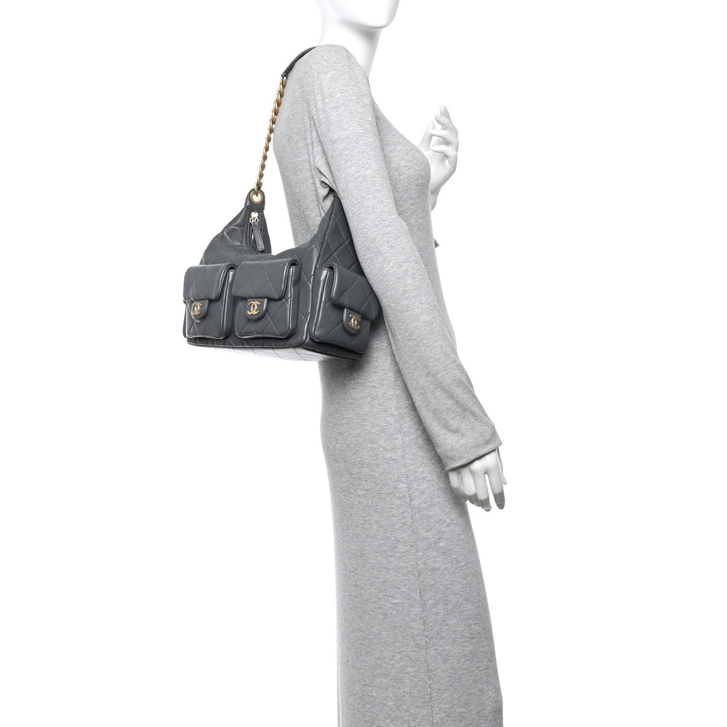 Chanel Shiny Lambskin Quilted Large Trendy Pockets Hobo Grey