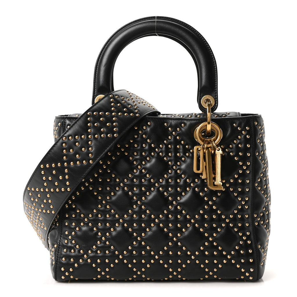 Christian Dior Calfskin Cannage Studded Medium Supple Lady Dior Black