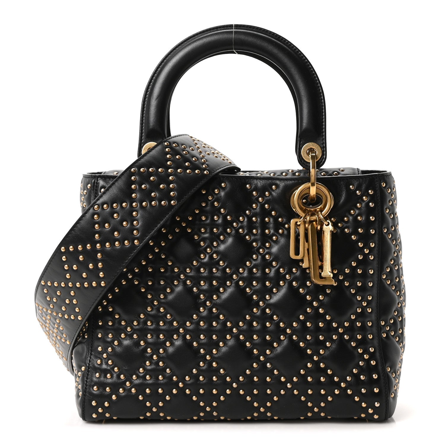 Christian Dior Calfskin Cannage Studded Medium Supple Lady Dior Black