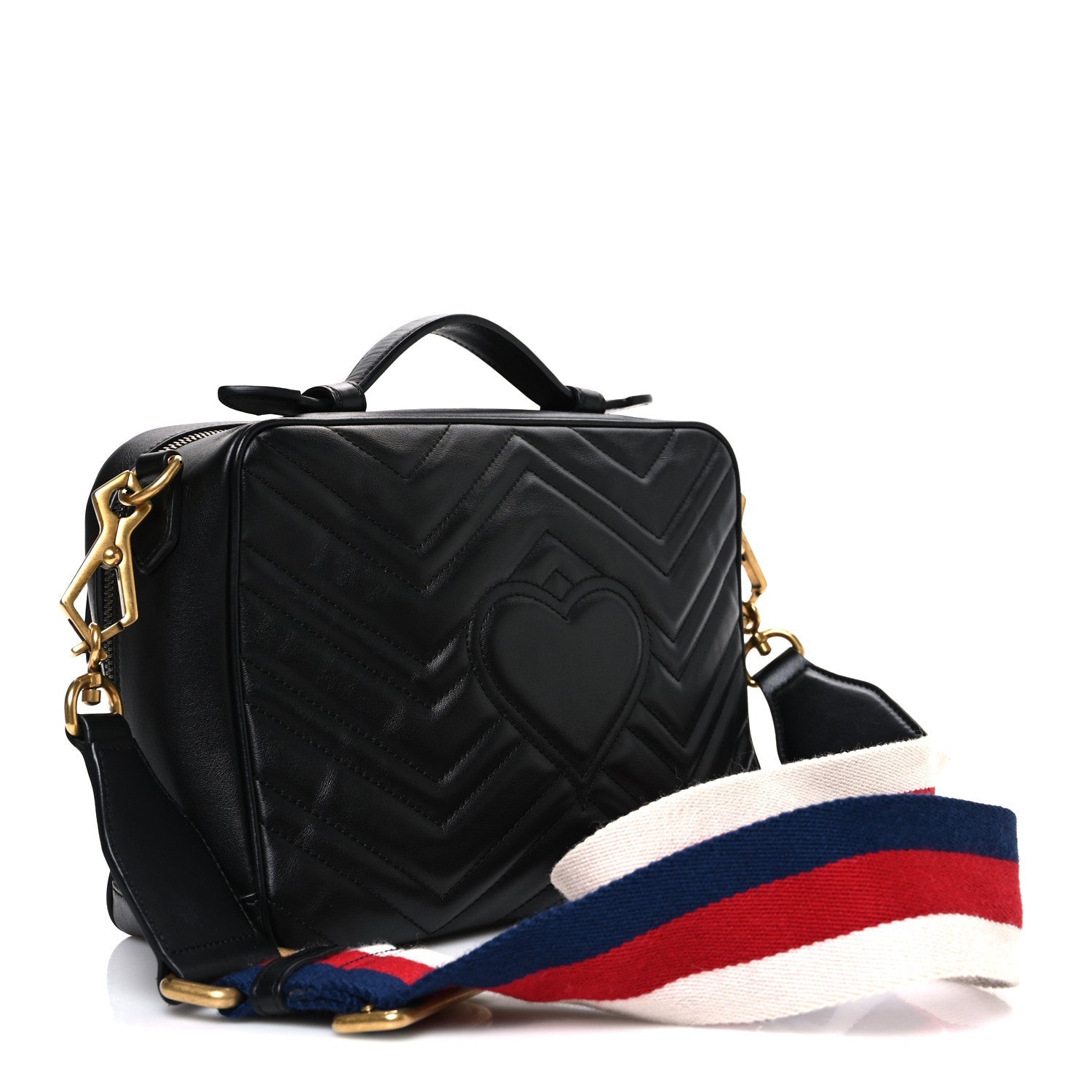 Gucci Calfskin Matelasse Sylvie Web Small GG Marmont Top Handle Shoulder Bag Black