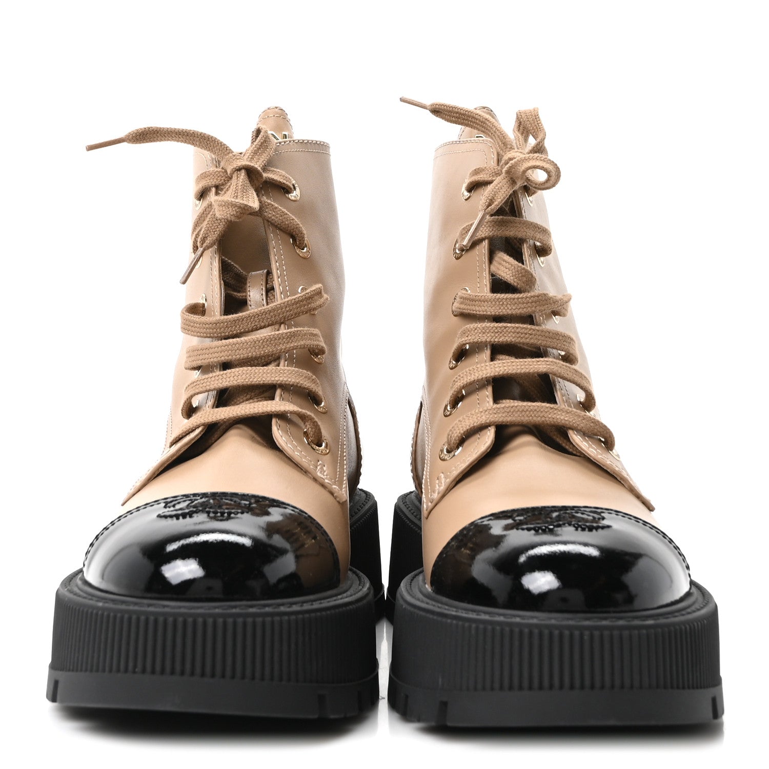 Calfskin Patent Calfskin CC Lace Up Combat Boots 39 Beige Black