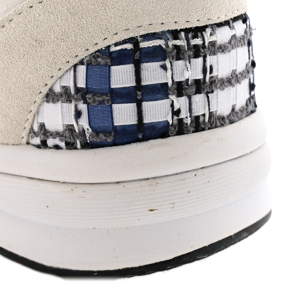 Chanel Tweed Suede Calfskin Womens CC Sneakers 38 Dark Blue Black Grey White
