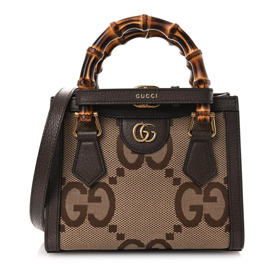 Gucci Monogram Jumbo GG Textured Dollar Calfskin Mini Diana Tote Bag Camel Ebony New Acero