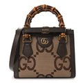 Gucci Monogram Jumbo GG Textured Dollar Calfskin Mini Diana Tote Bag Camel Ebony New Acero