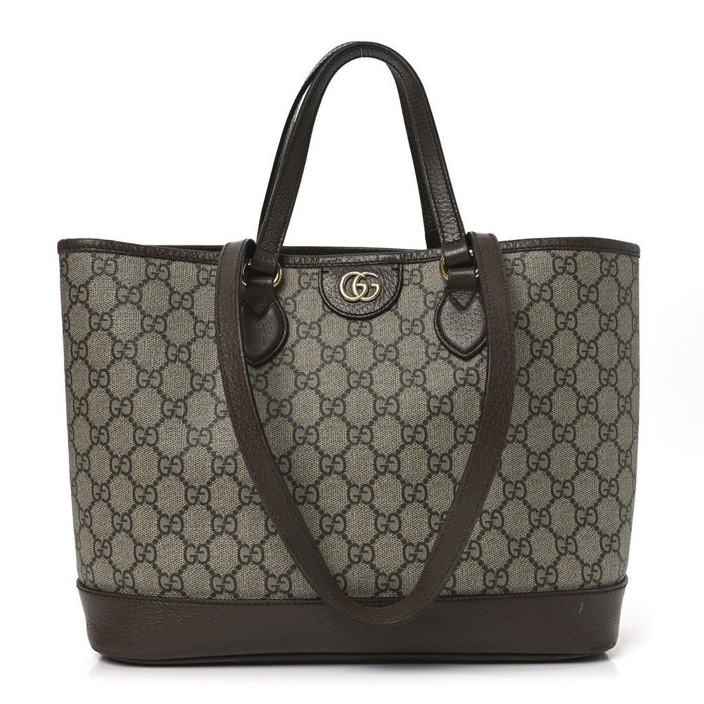 Gucci GG Supreme Monogram Textured Calfskin Small Ophidia Shoulder Tote Bag Beige Ebony New Acero