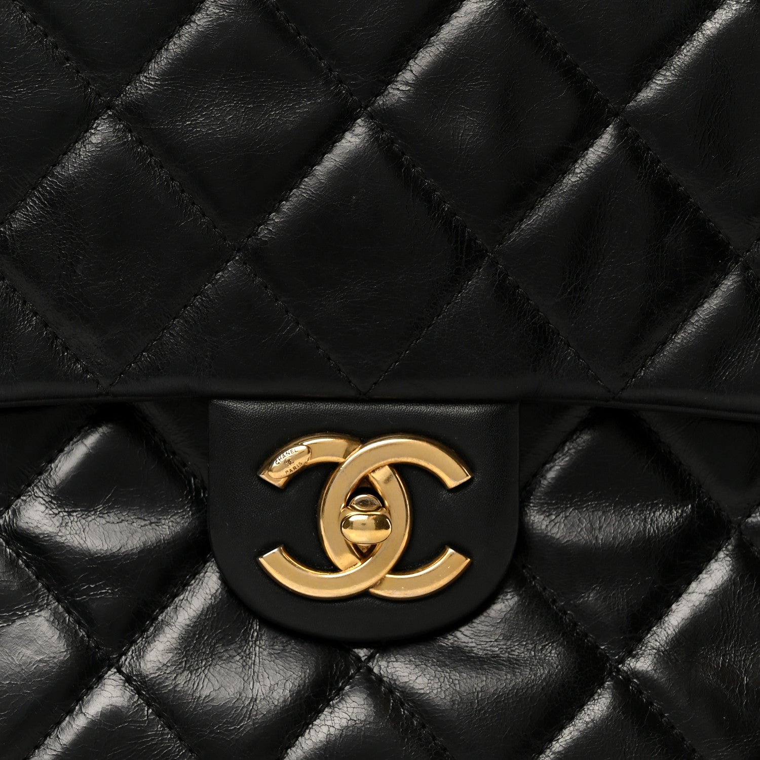 Chanel Glazed Calfskin Quilted Large Gold Bar Top Handle Flap Black