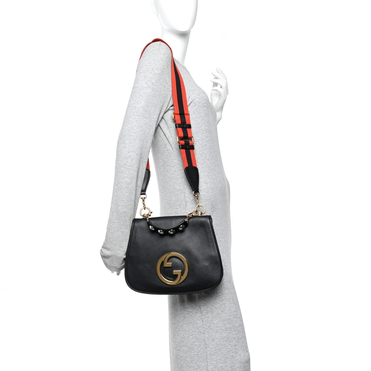 Gucci Roxy Calfskin Web Medium Studded Blondie Shoulder Flap Bag Black