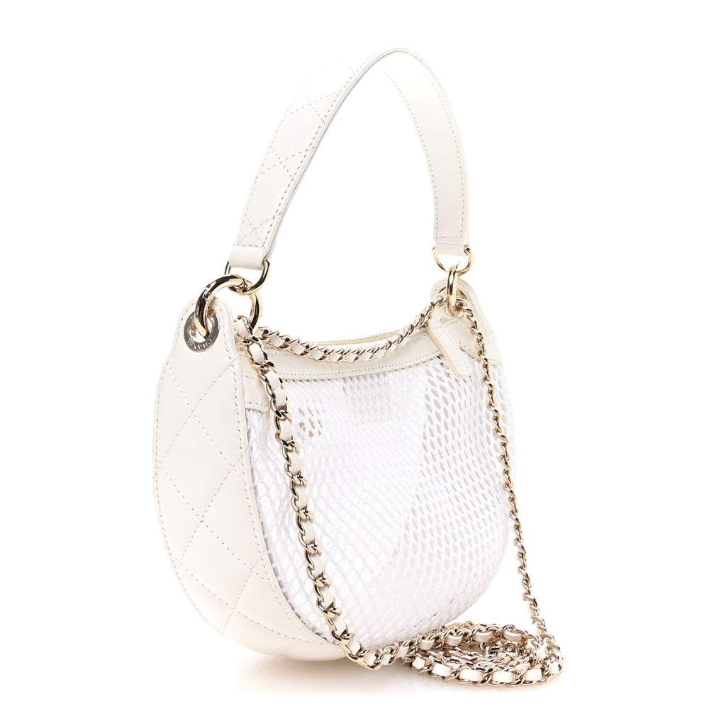 Chanel Mesh Shiny Lambskin Chain Hobo White