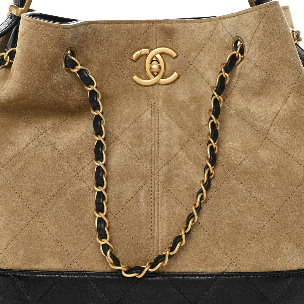 Chanel Suede Calfskin Shiny Lambskin Quilted Coco Base Shopping Bag Beige Black