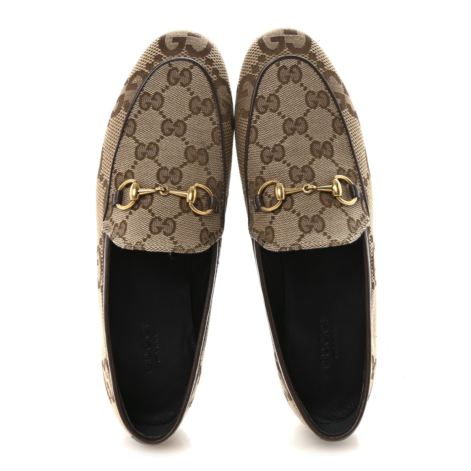 Gucci Monogram Jumbo GG Malaga Kid Horsebit Womens Jordaan Loafers 36.5 Camel Ebony New Acero Beige