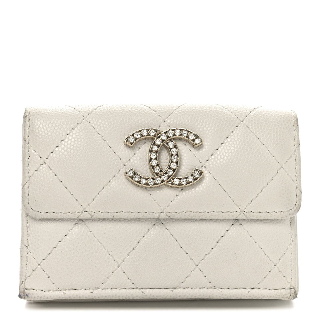 Caviar Quilted Crystal CC Small Flap Wallet White