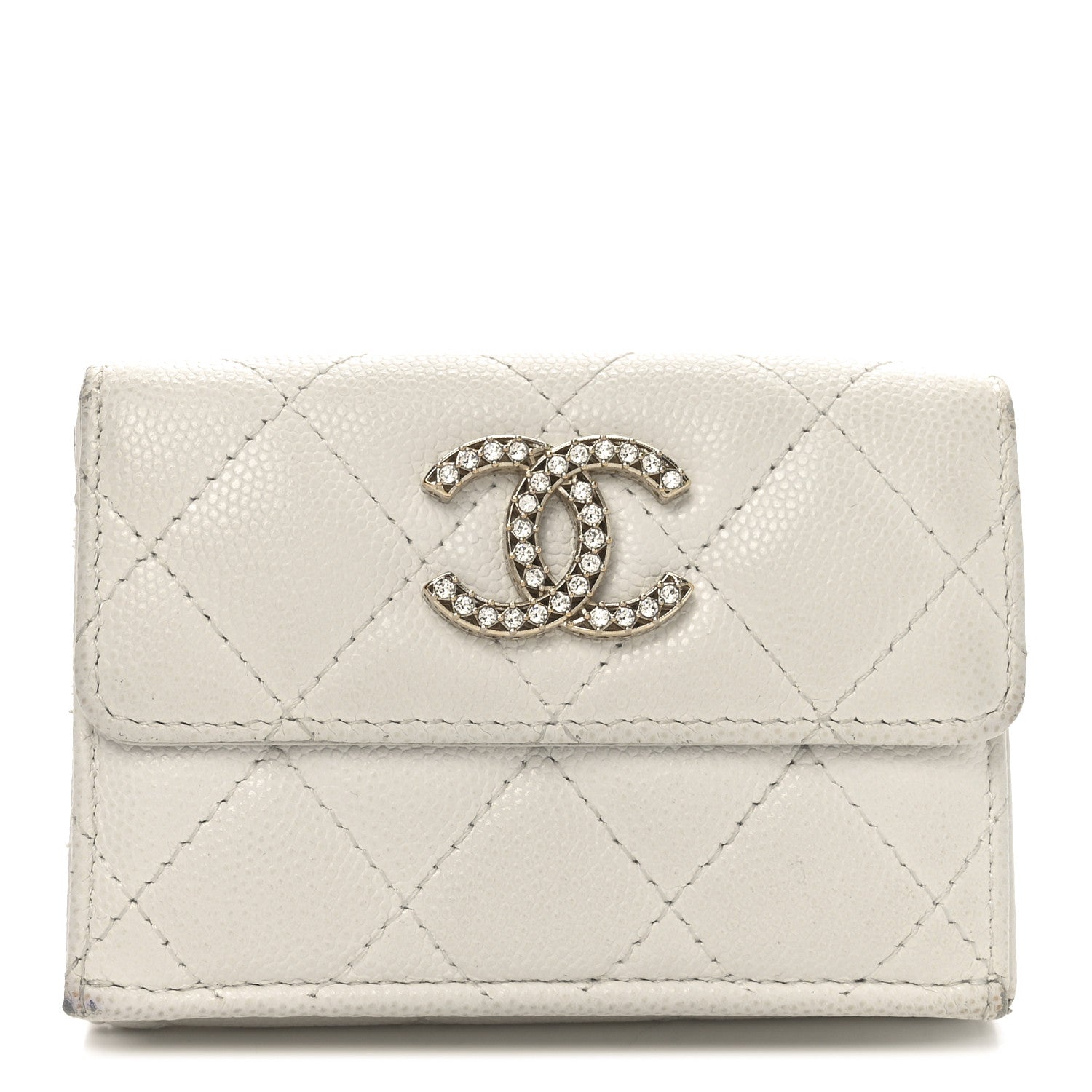 Caviar Quilted Crystal CC Small Flap Wallet White