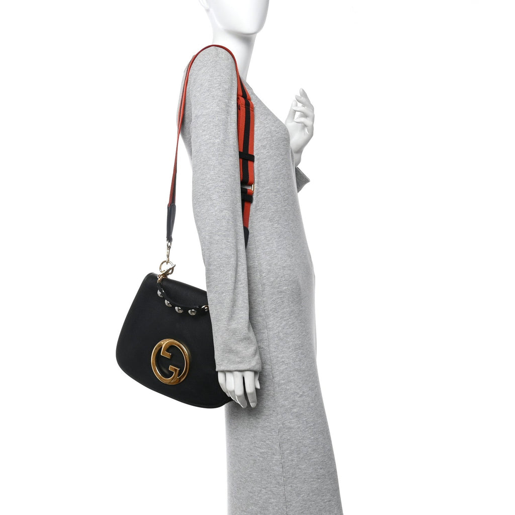 Gucci Roxy Calfskin Web Medium Studded Blondie Shoulder Flap Bag Black