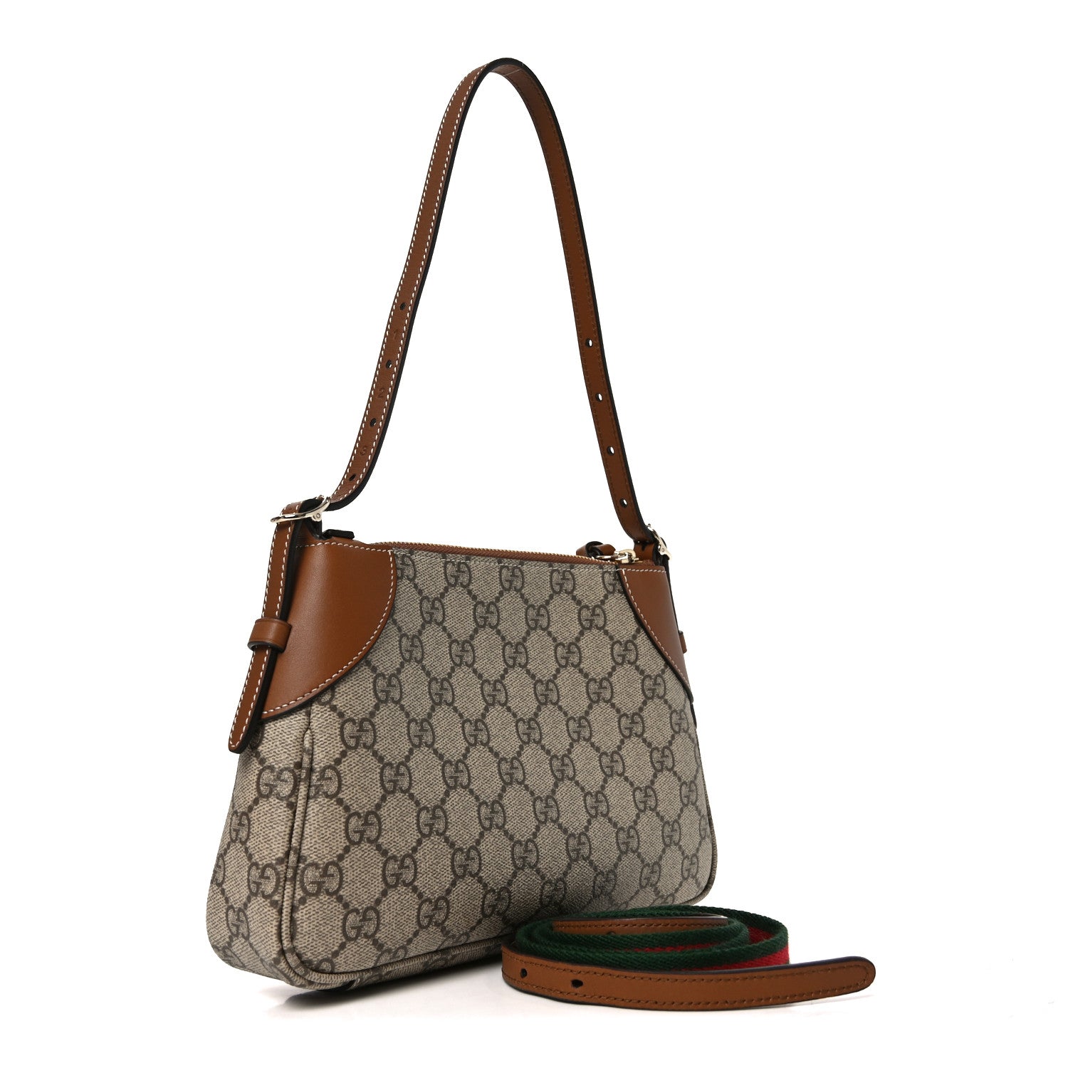 Gucci GG Supreme Monogram Textured Calfskin Small Emblem Shoulder Bag Beige Dark Brown