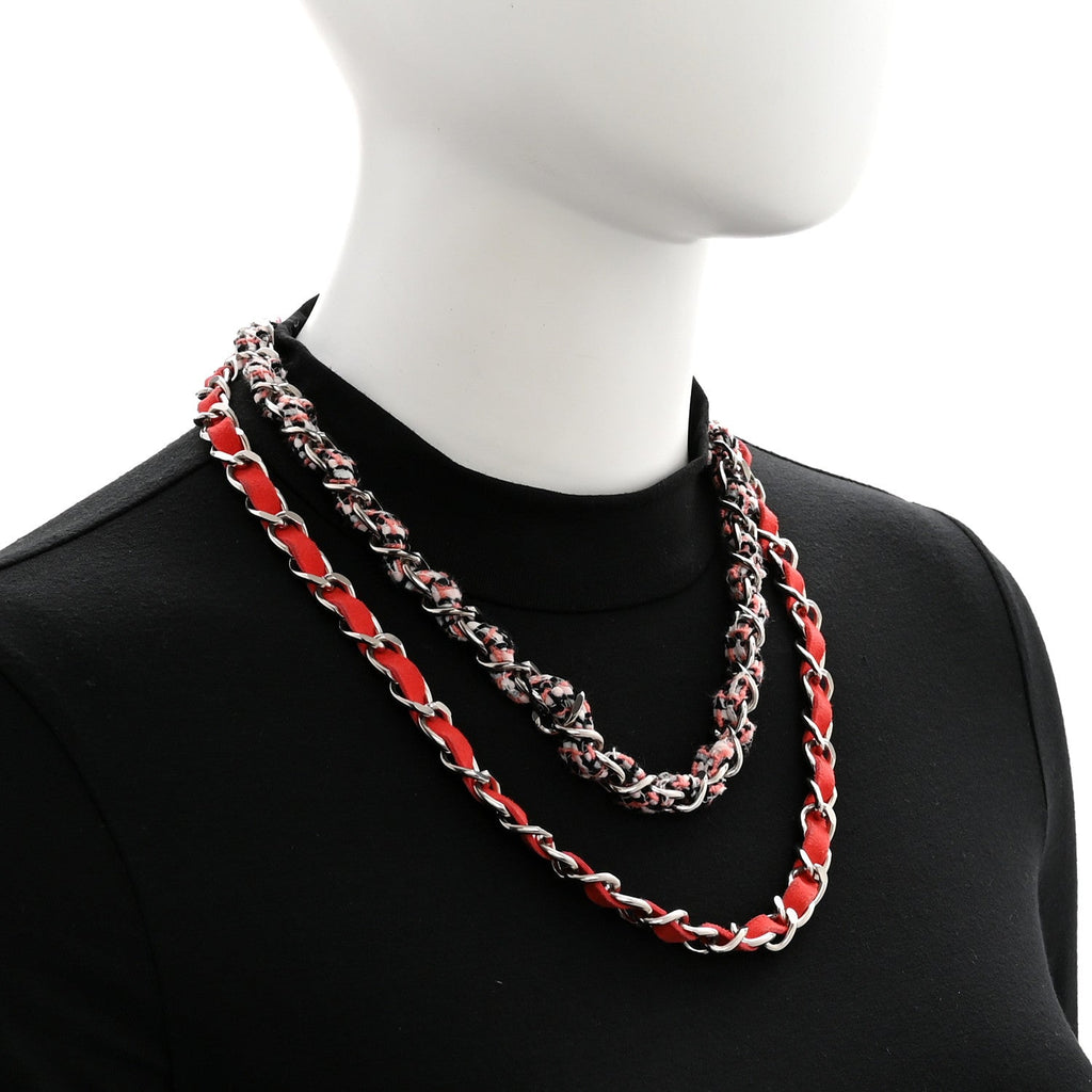 Metal Tweed Suede Chain CC Clover Necklace Silver Pink