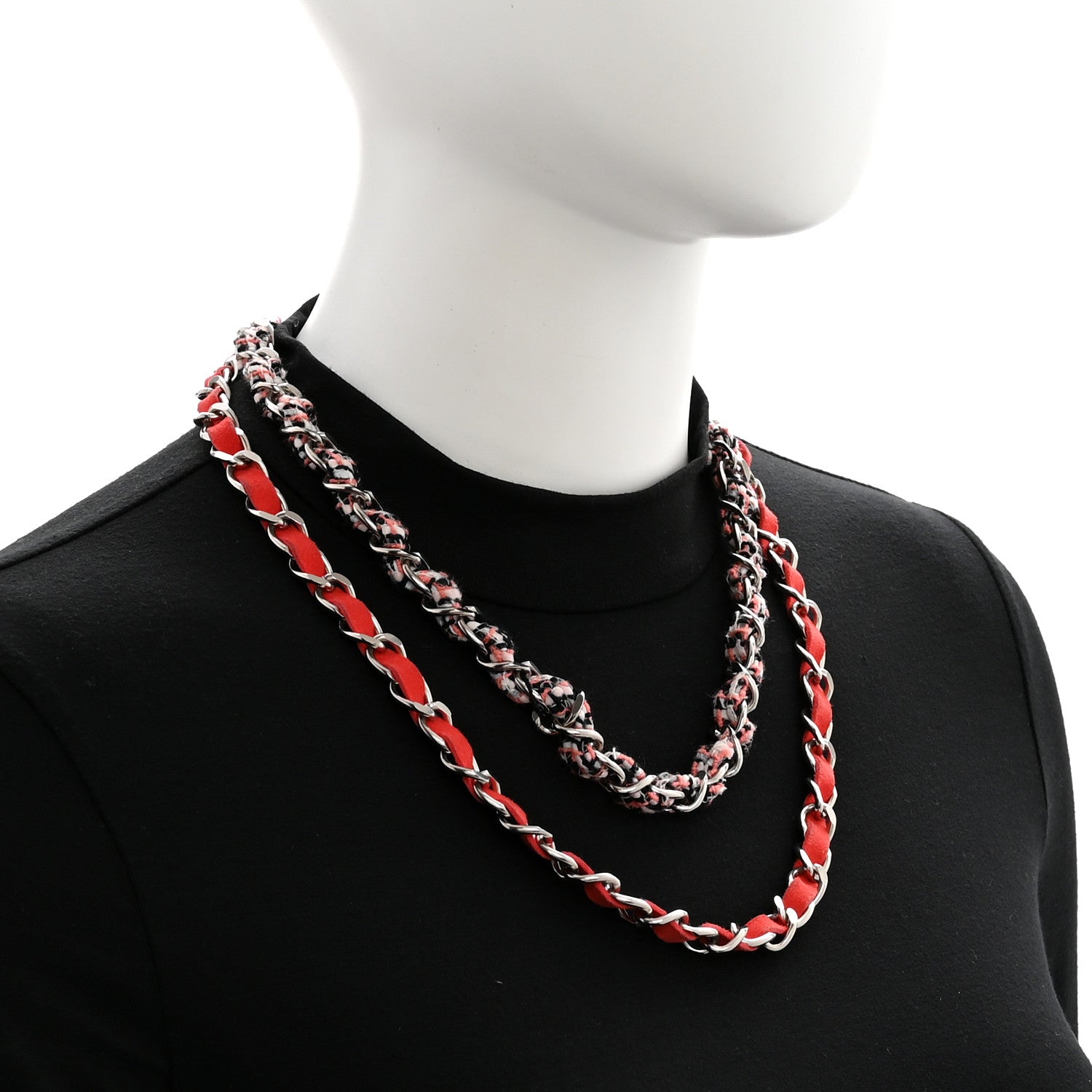 Metal Tweed Suede Chain CC Clover Necklace Silver Pink