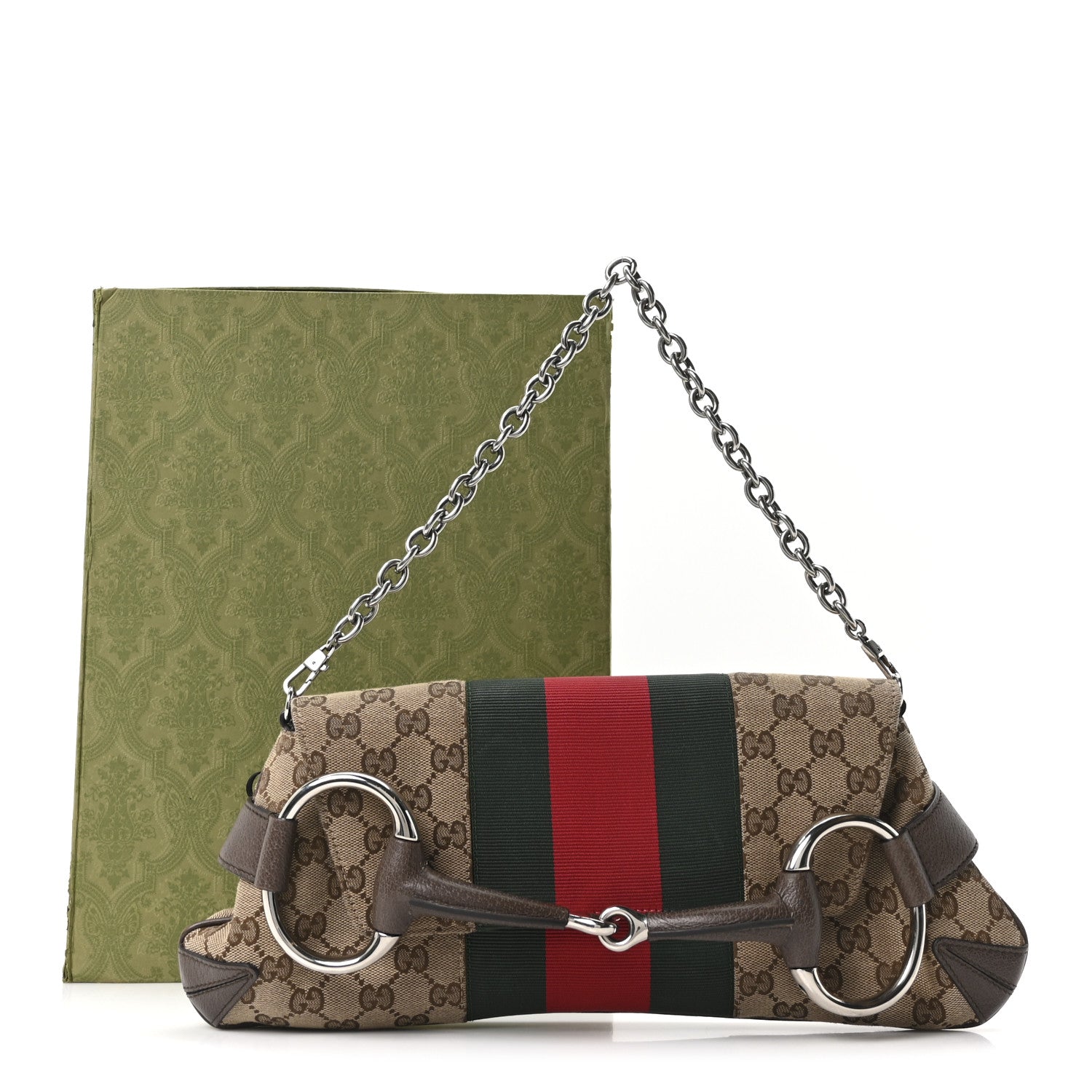 Gucci Monogram Textured Dollar Calfskin Heavy Grosgrain Web Medium Maxi Horsebit Chain Shoulder Bag Beige Ebony New Acero