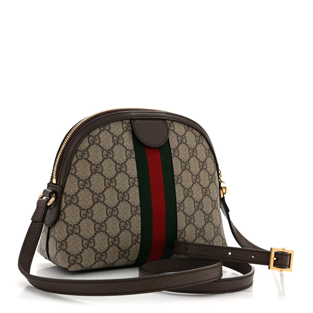Gucci GG Supreme Monogram Textured Dollar Calfskin Web Small Ophidia Dome Shoulder Bag Beige Ebony New Acero