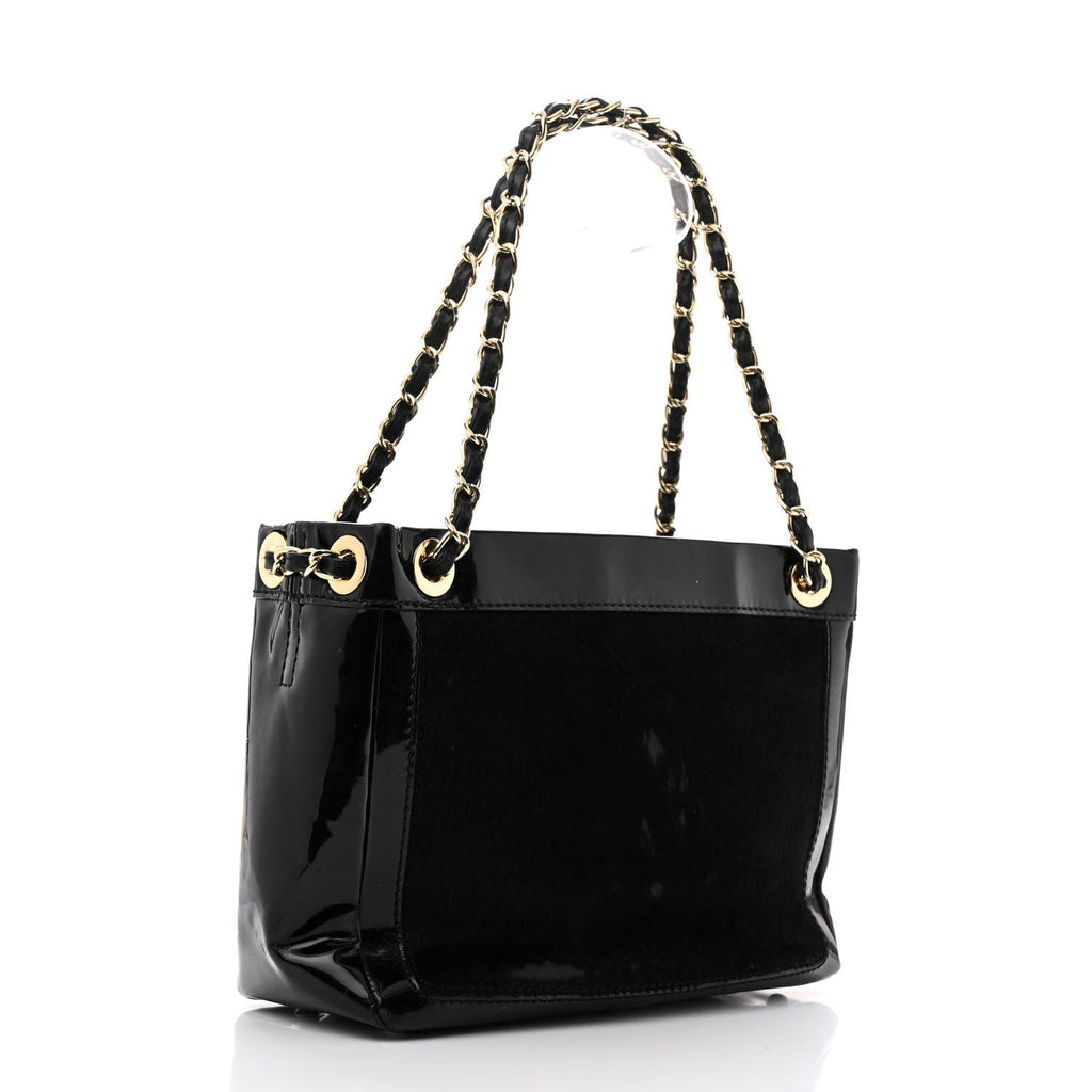 Chanel Patent Pony Hair Small Pocket Tote Black