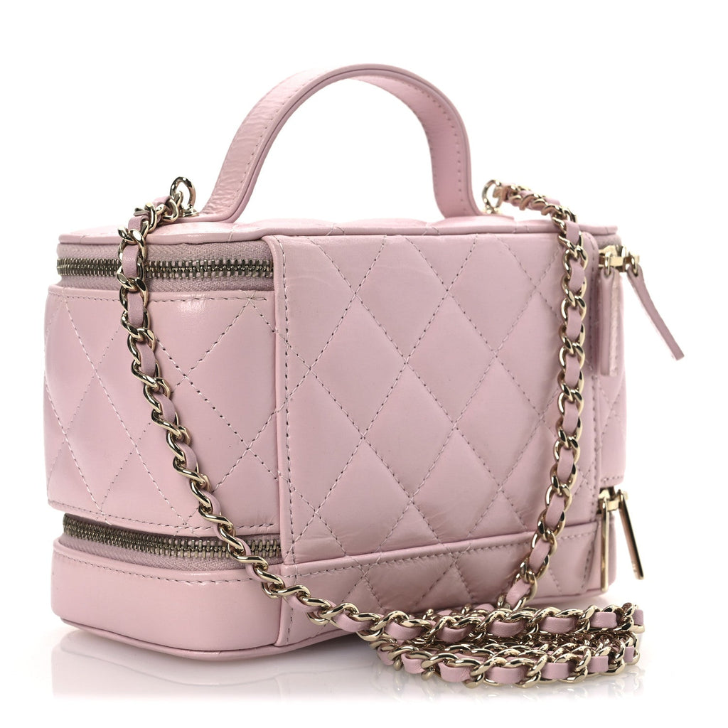 Chanel Shiny Lambskin Quilted Top Handle Vanity Case With Chain Pink