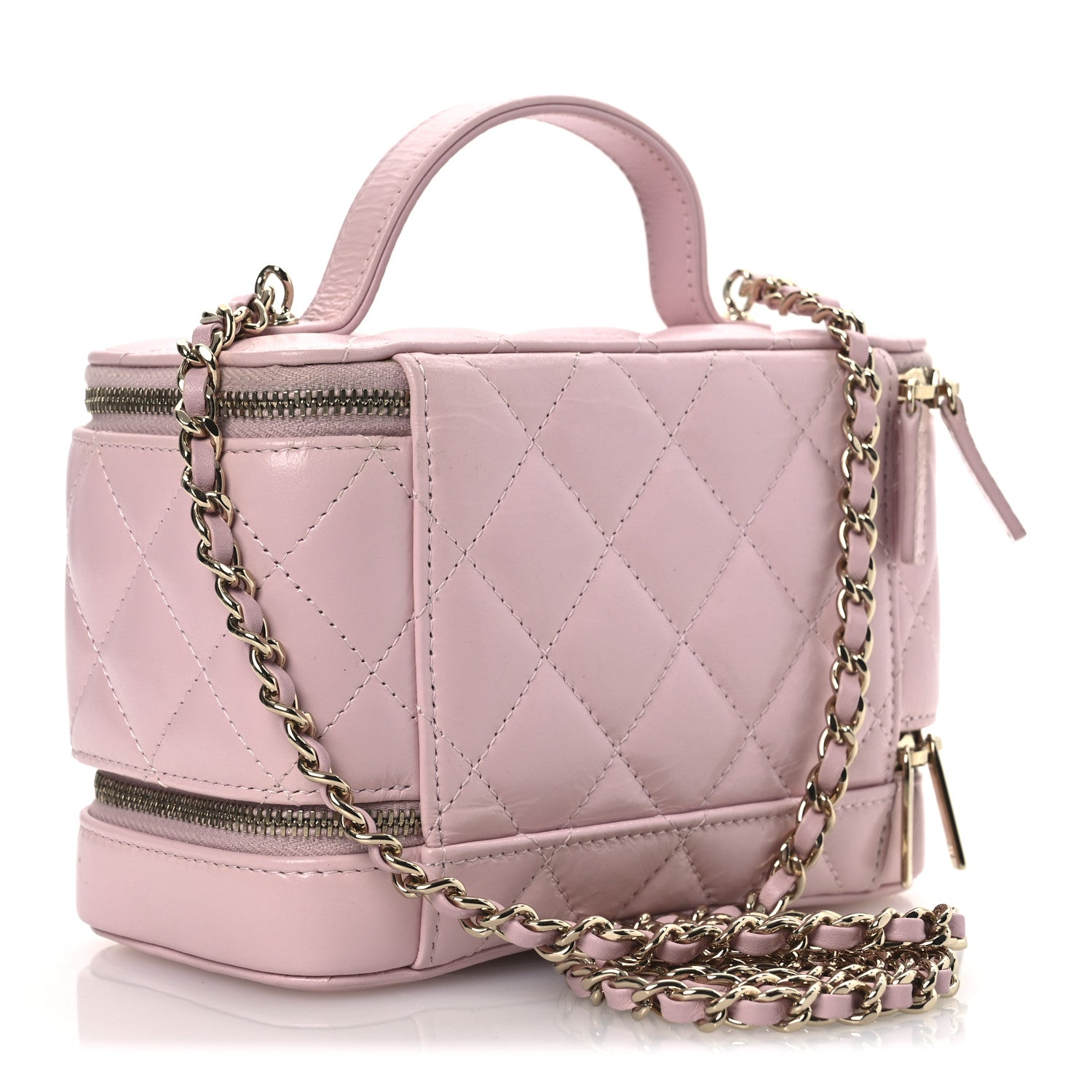 Chanel Shiny Lambskin Quilted Top Handle Vanity Case With Chain Pink