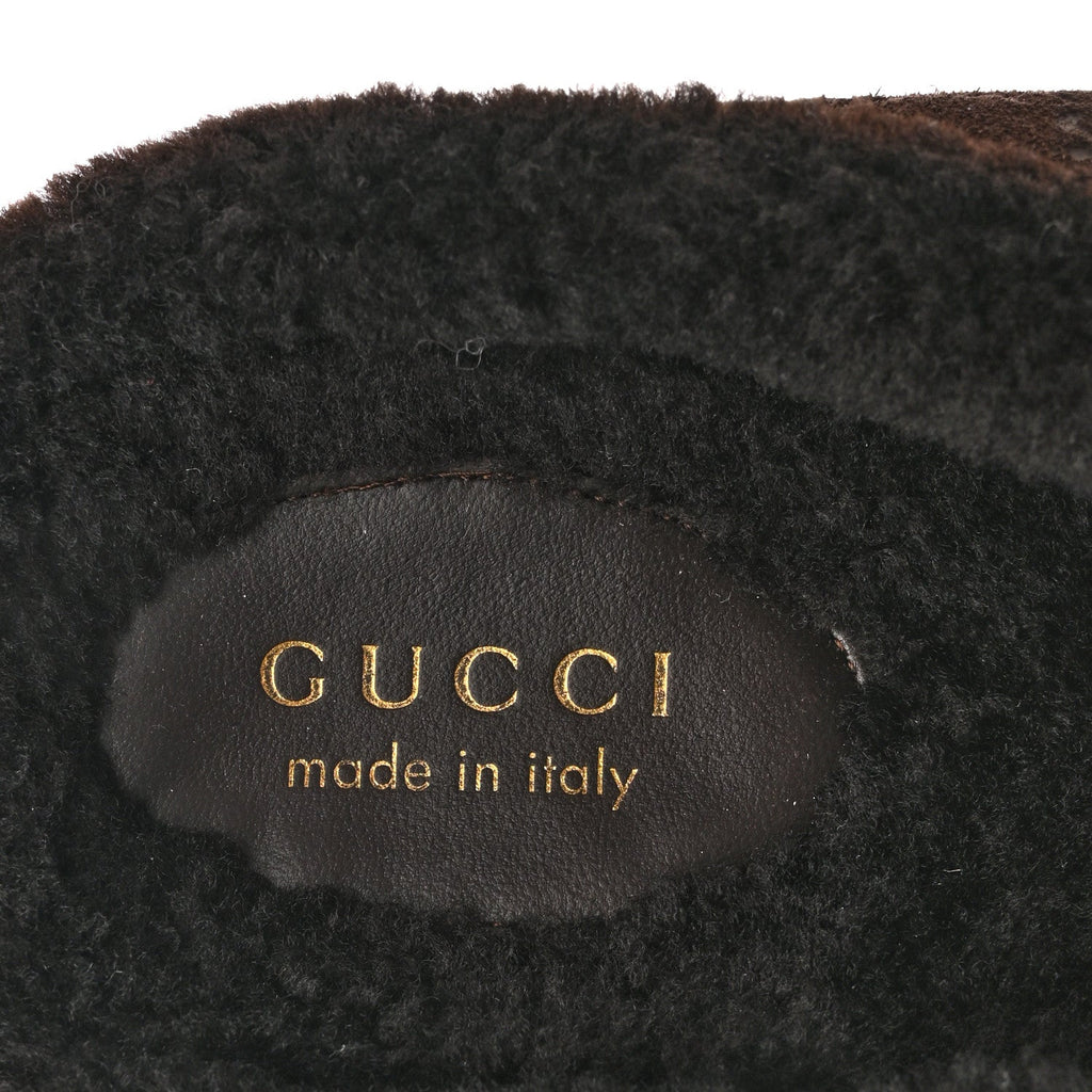Gucci Suede GG Debossed Shearling Womens Horsebit Mules 36 Dark Brown