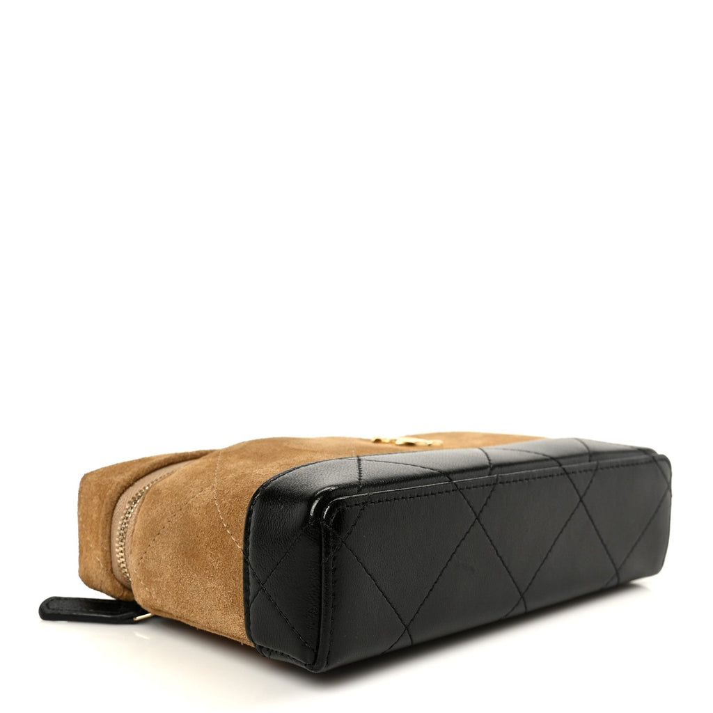 Chanel Suede Calfskin Shiny Lambskin Stitched Top Handle Slim Vanity With Chain Beige Black