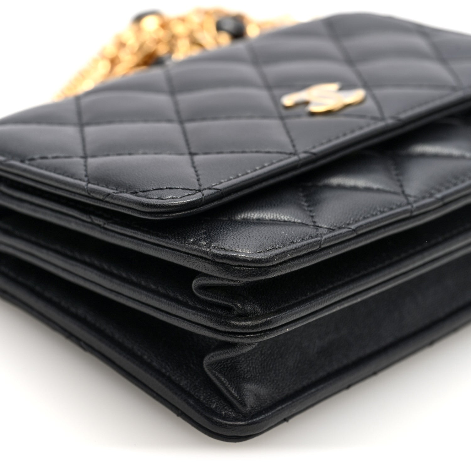 Chanel Lambskin Quilted CC Pearl Enamel Clutch on Chain WOC Black