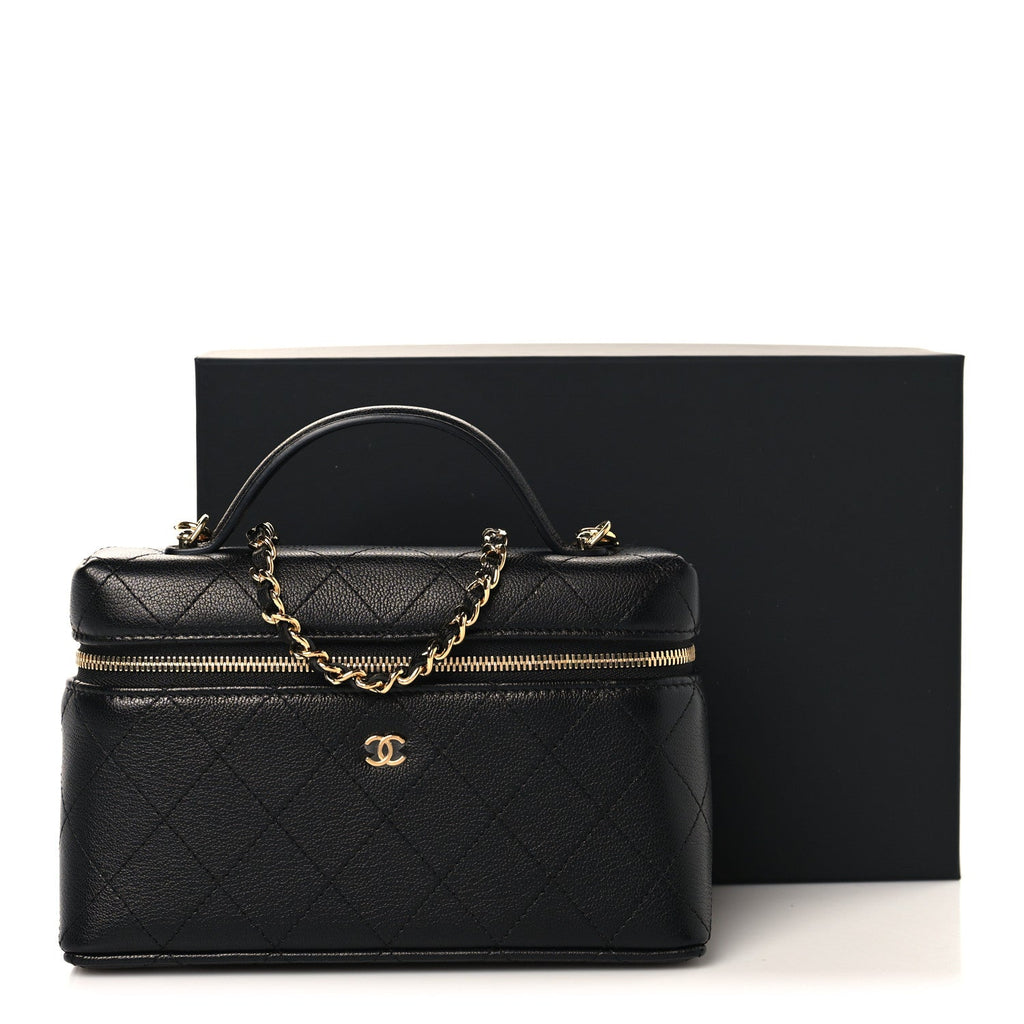 Chanel Goatskin Stitched Top Handle Slim Vanity With Chain Black