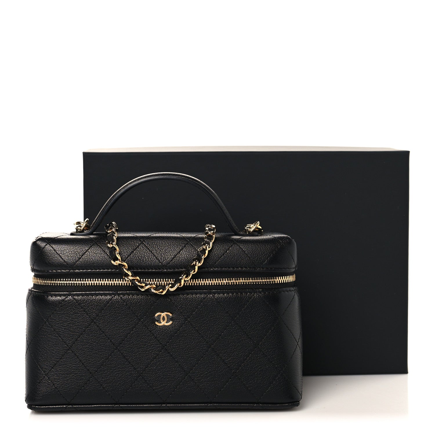 Chanel Goatskin Stitched Top Handle Slim Vanity With Chain Black