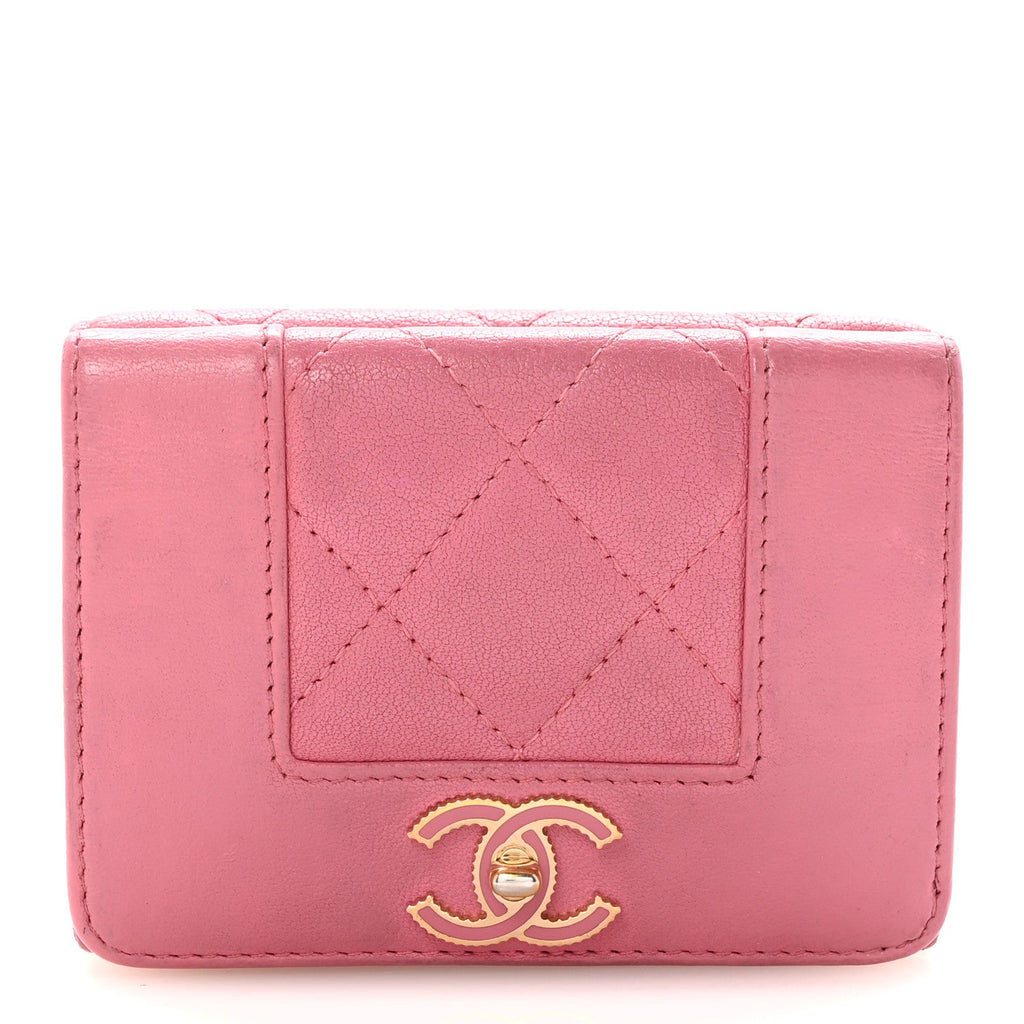 Chanel Sheepskin Quilted Vintage Mademoiselle Trifold Wallet Dark Pink