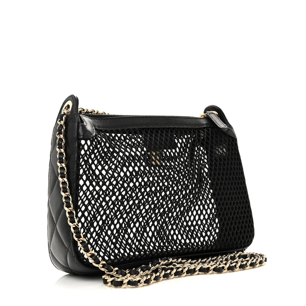 Chanel Mesh Shiny Lambskin Clutch With Chain Black