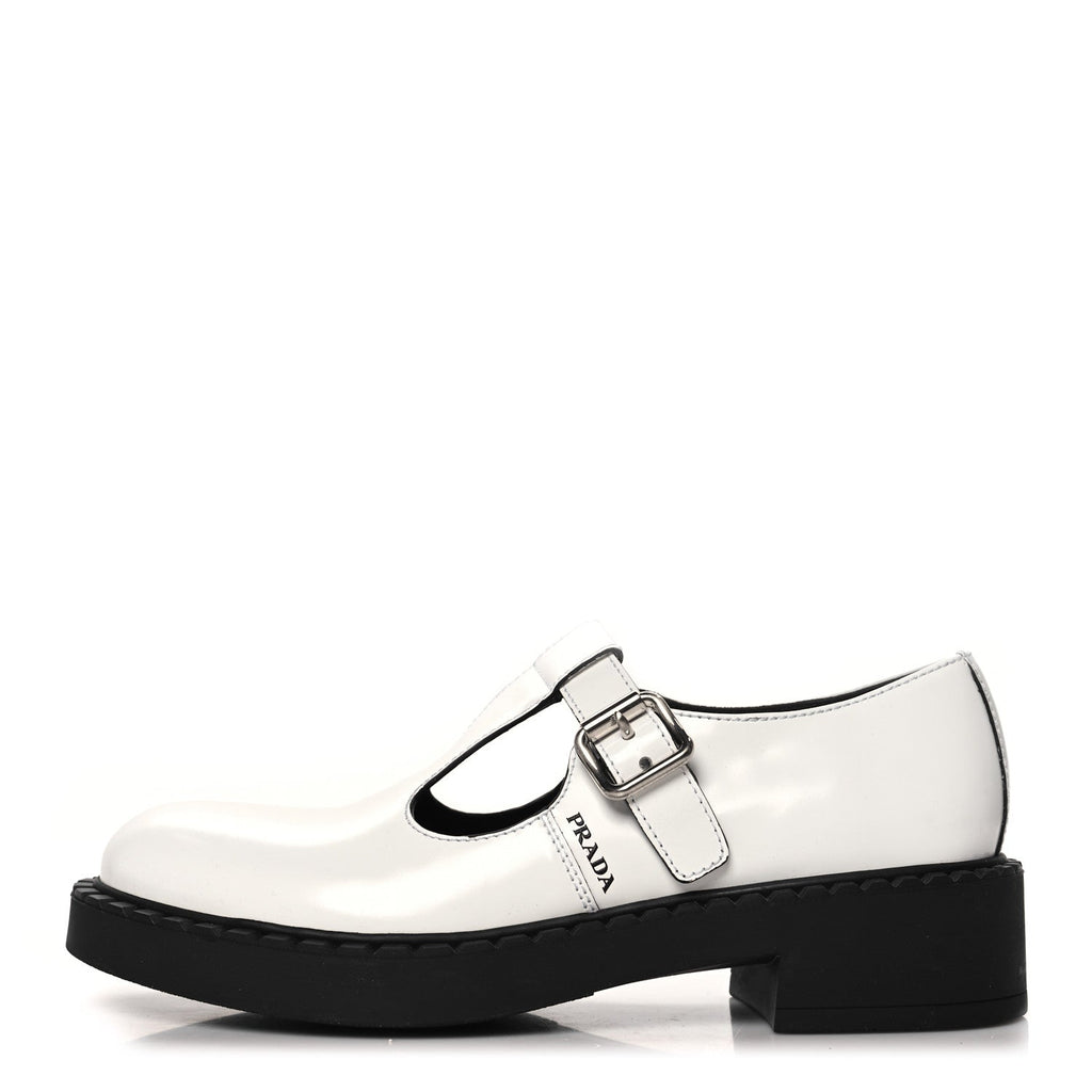 Prada Spazzolato Womens Mary Jane T Strap 40mm Loafers 39.5 White
