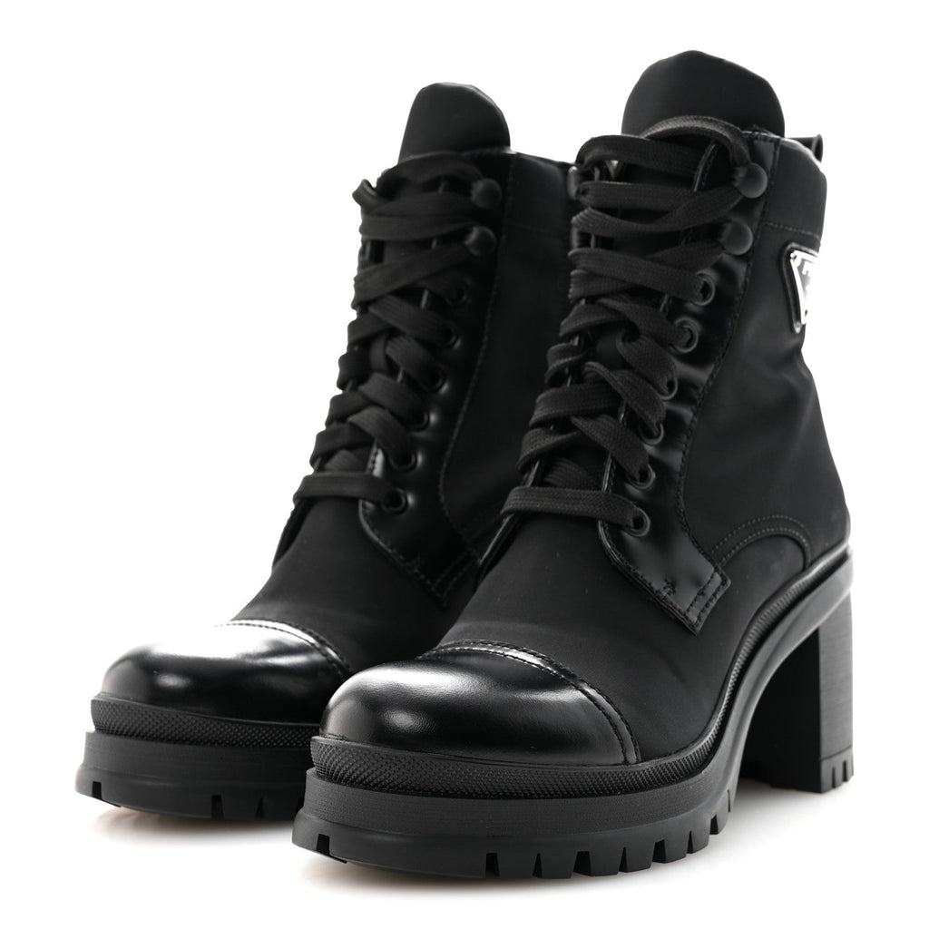 Prada Spazzolato Re-Nylon Metal Triangle Logo Lace Up 85mm Ankle Boots 36 Black