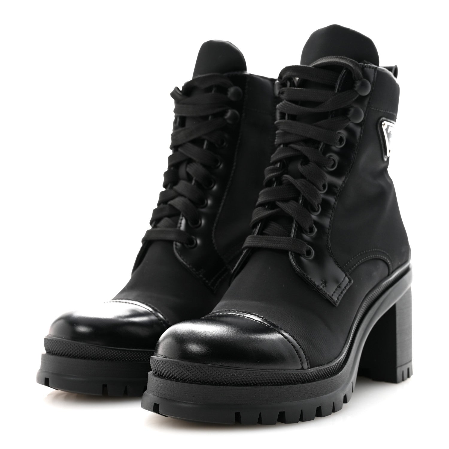 Prada Spazzolato Re-Nylon Metal Triangle Logo Lace Up 85mm Ankle Boots 36 Black
