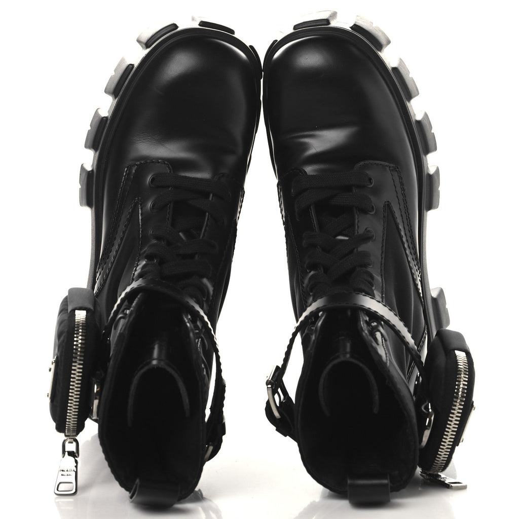 Prada Spazzolato Rois Re-Nylon Metal Triangle Logo Monolith Pouch Pocket 55mm Boots 38 Black