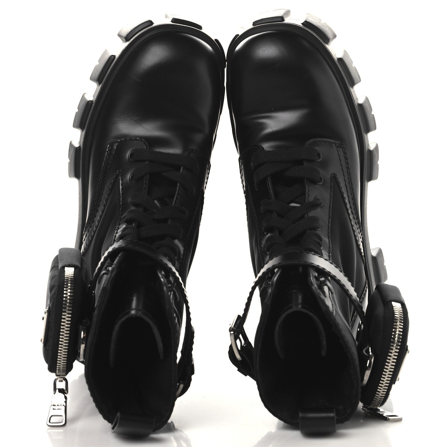 Prada Spazzolato Rois Re-Nylon Metal Triangle Logo Monolith Pouch Pocket 55mm Boots 38 Black