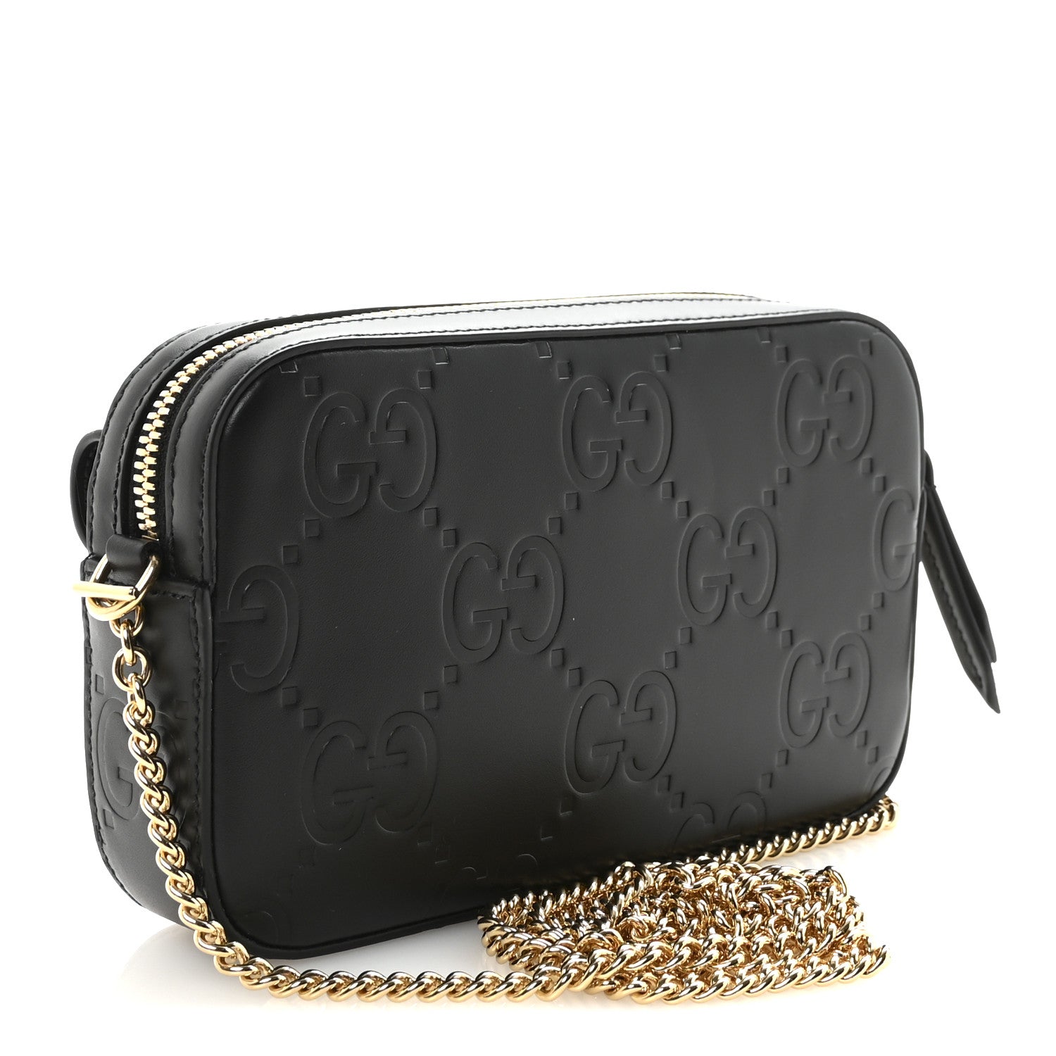 Gucci Calfskin GG Super Mini Debossed Chain Wallet Black
