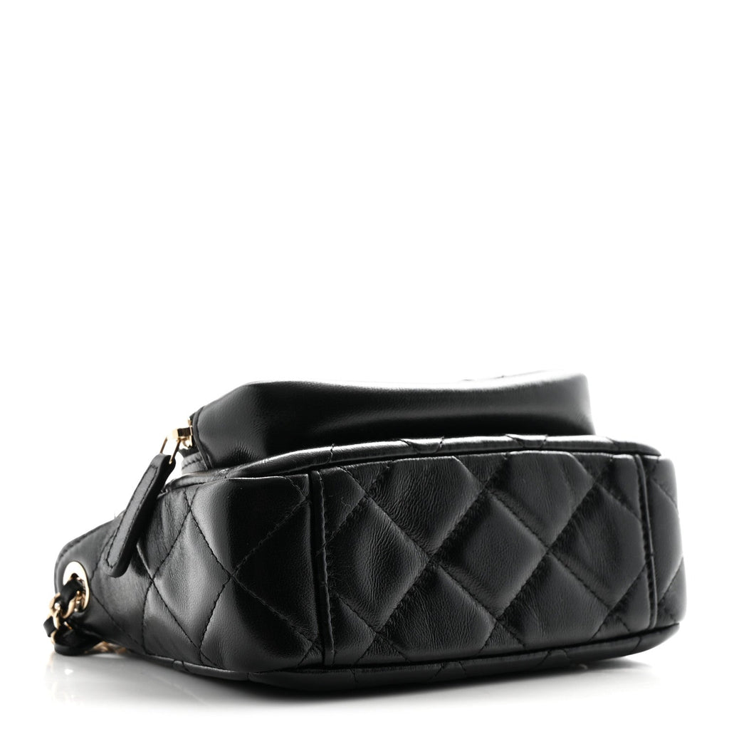 Chanel Shiny Crumpled Lambskin Quilted Mini Clutch With Chain Black