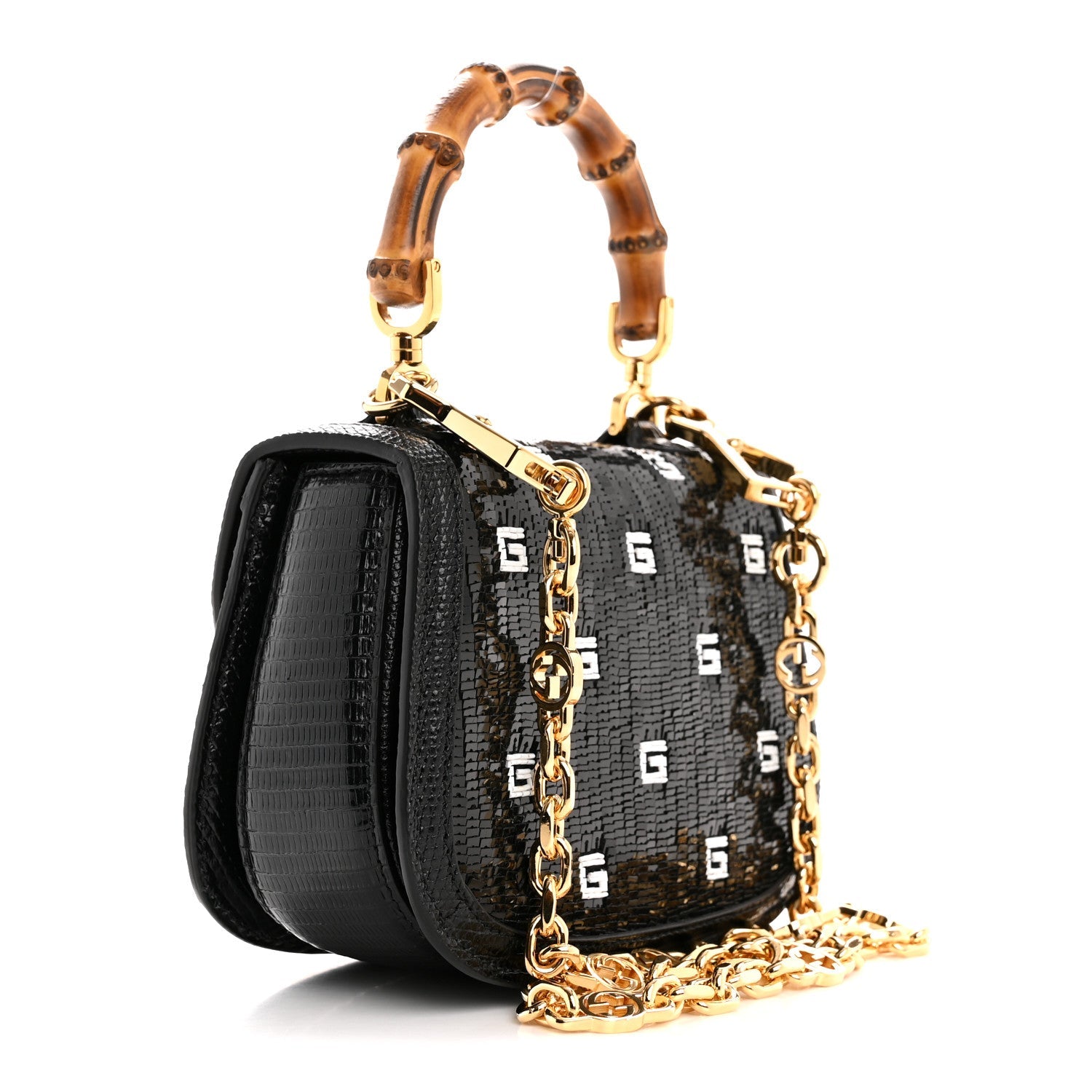 Gucci Sequin Lizard Embossed GG Mini Bamboo 1947 Top Handle Chain Bag Black White