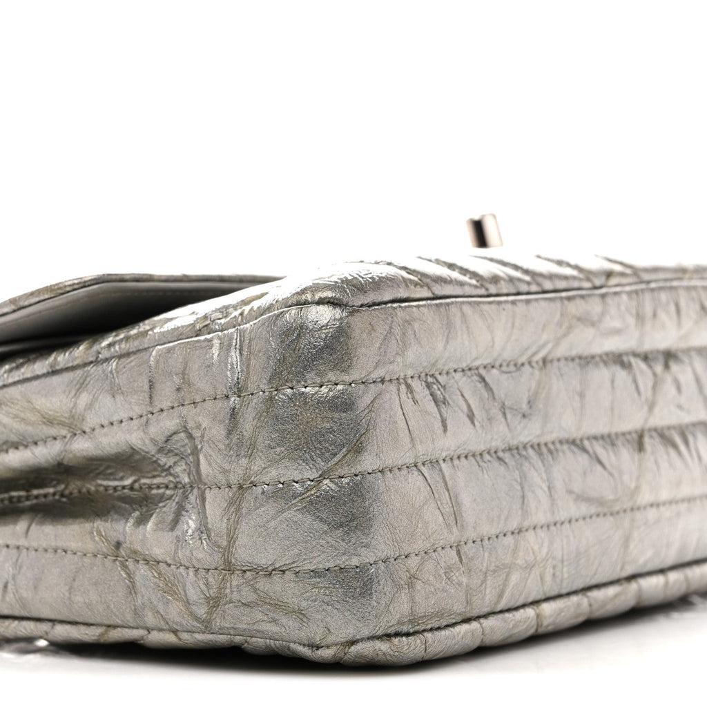 Chanel Metallic Patent Crumpled Calfskin Chevron Quilted Medium Double Flap Silver