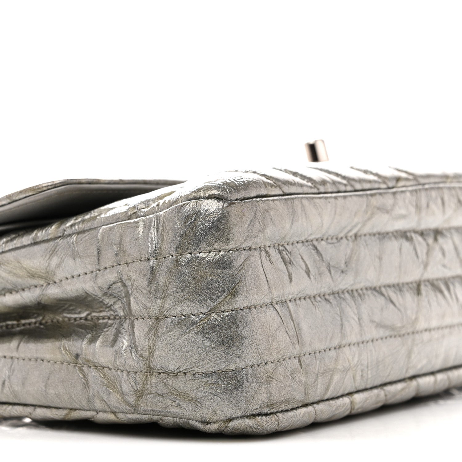 Chanel Metallic Patent Crumpled Calfskin Chevron Quilted Medium Double Flap Silver