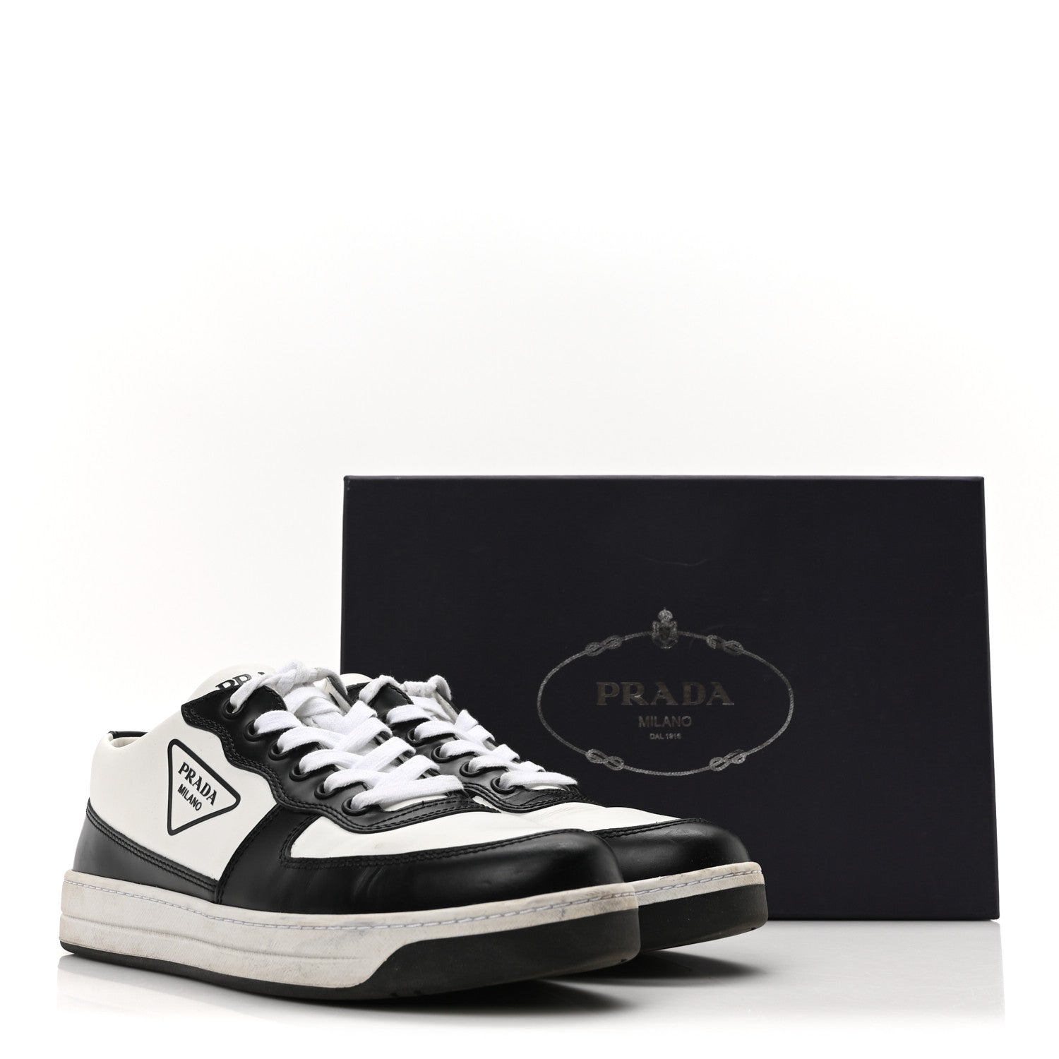 Prada Spazzolato Rois Vitello Soft Triangle Logo Womens Low Top Sneakers 39 White Black