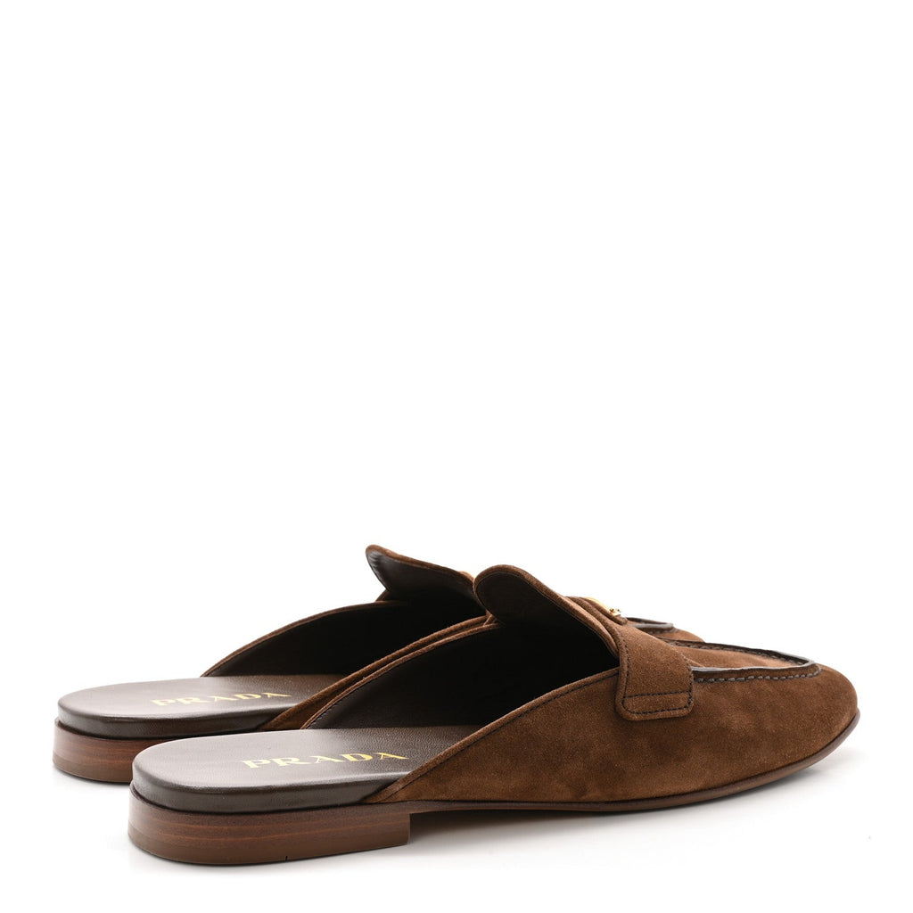 Prada Suede Metal Triangle Logo 10mm Loafer Mules 40 Cannella