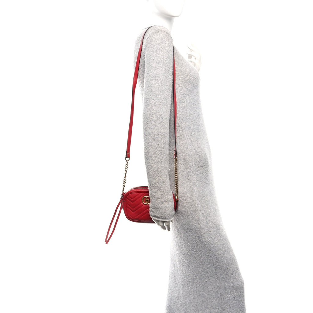 Gucci Calfskin Matelasse Mini GG Marmont Chain Shoulder Bag Hibiscus Red