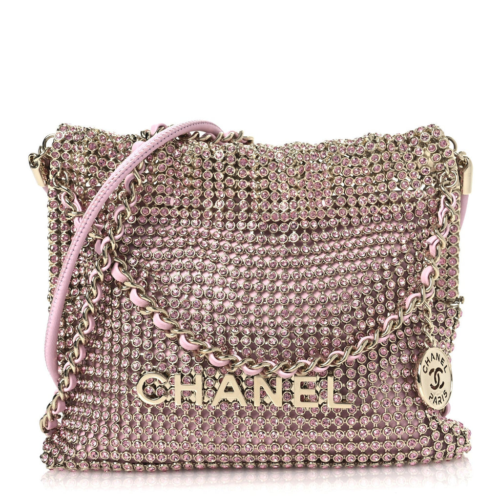 Chanel Crystal Embellished Metallic Lambskin Mini Chanel 22 Light Pink