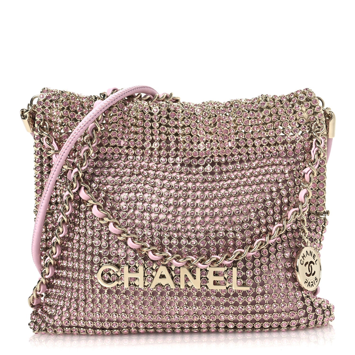 Chanel Crystal Embellished Metallic Lambskin Mini Chanel 22 Light Pink