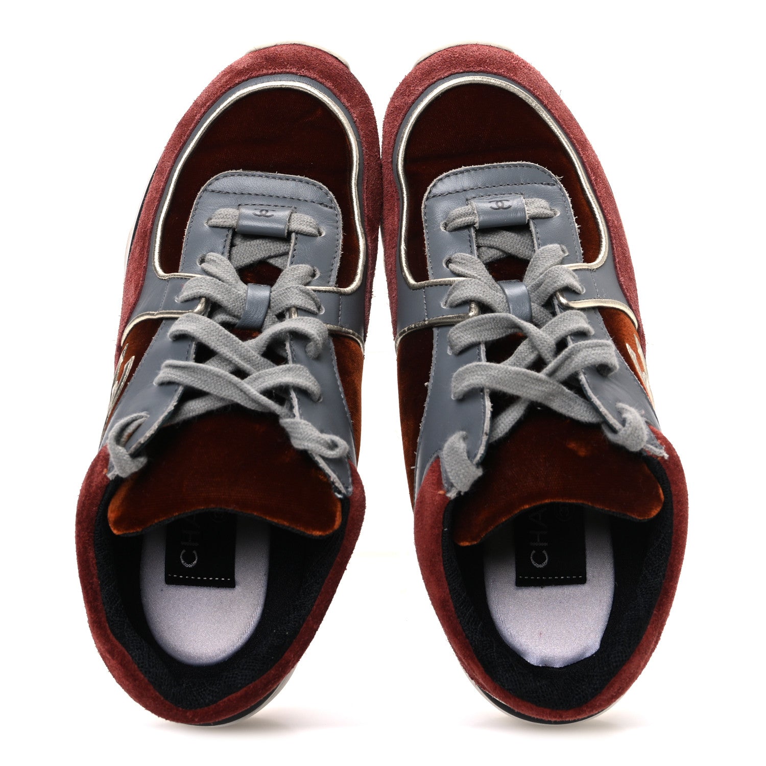 Chanel Suede Velvet Lambskin CC Sneakers 36 Burgundy Grey