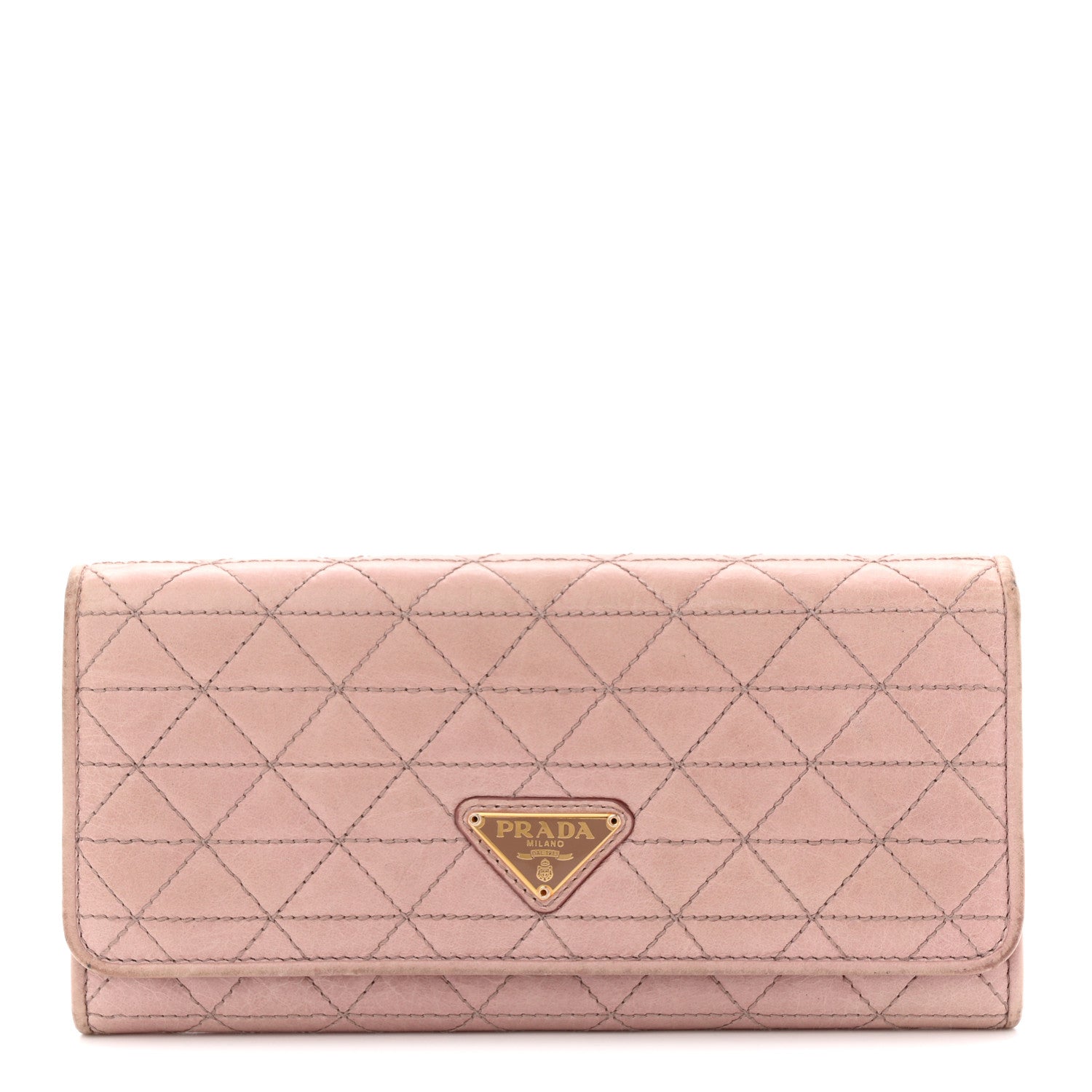 Prada Glossy Calfskin Triangle Quilted Triangle Continental Flap Wallet Light Pink